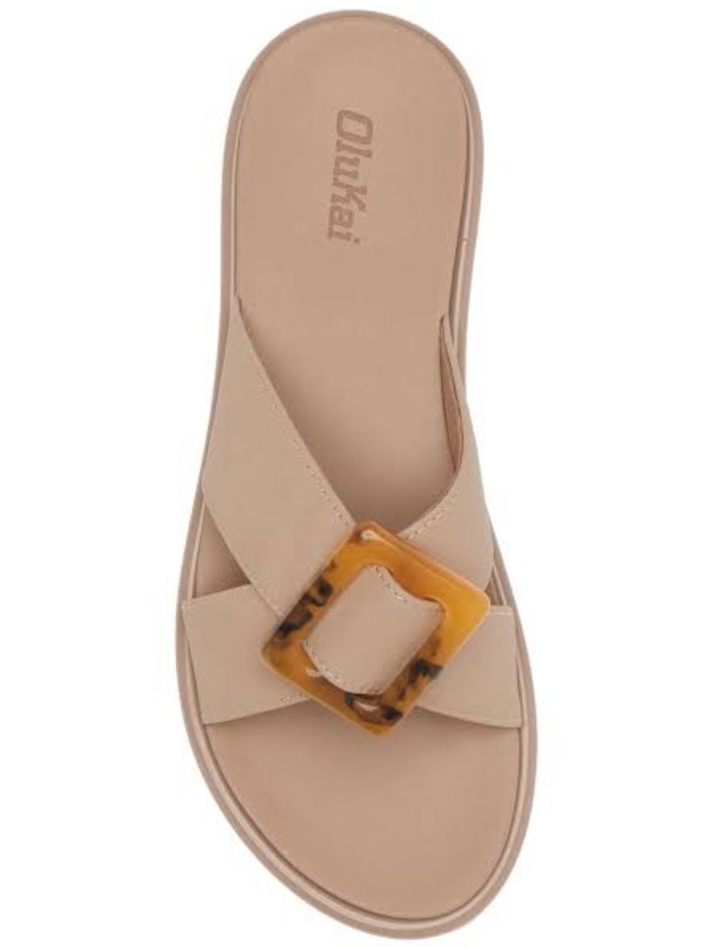 OluKai Women's Beige Slide Sandal with Tortoiseshell Buckle